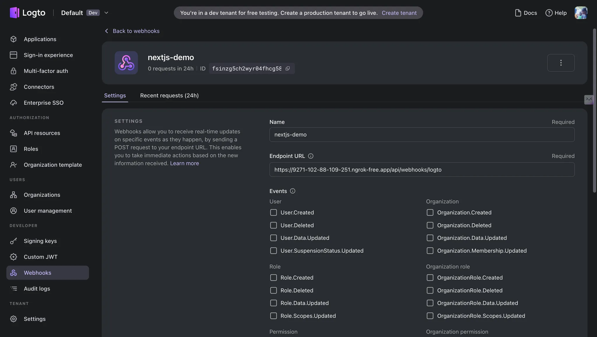 Registering a webhook in Logto